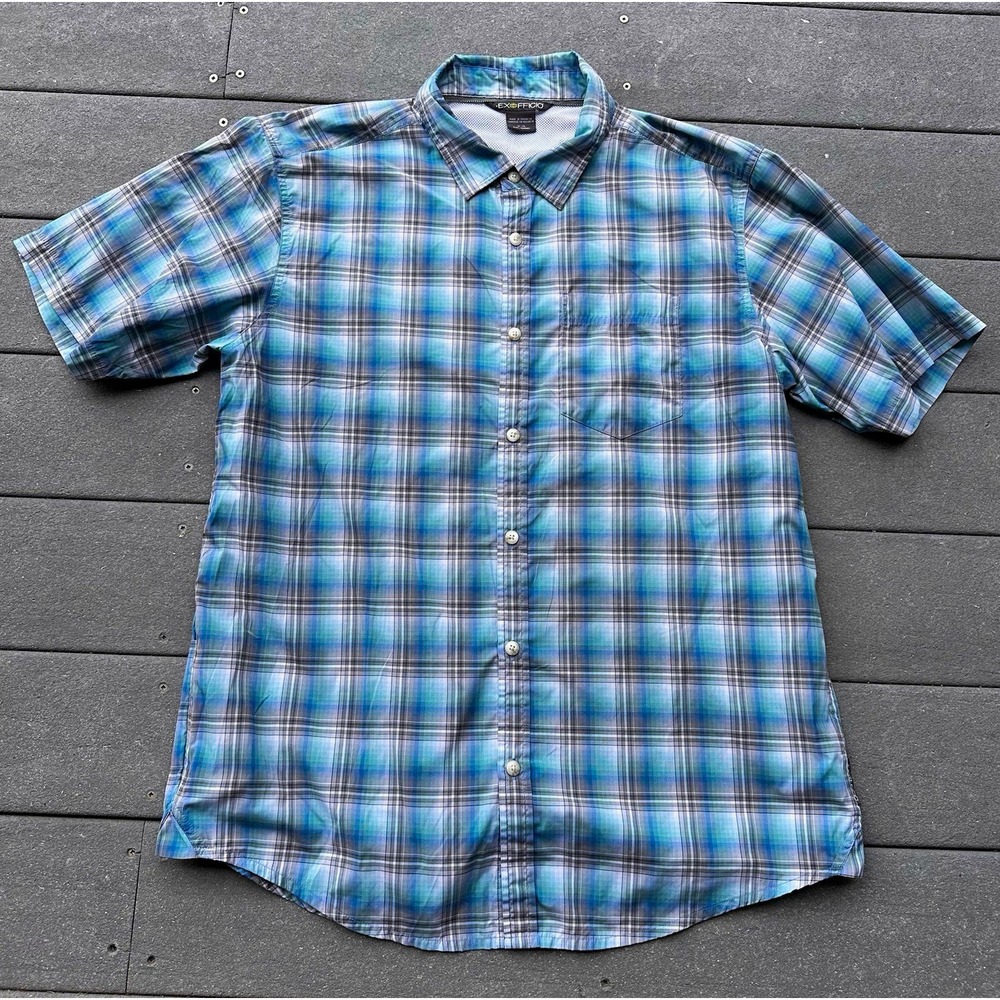 ExOfficio Men's Plaid Blue Green Gray White Button Up Short Sleeve Shirt XL